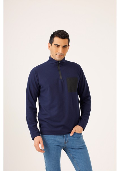 Lacivert Erkek Regular Fit Dik Yaka Sweatshirt