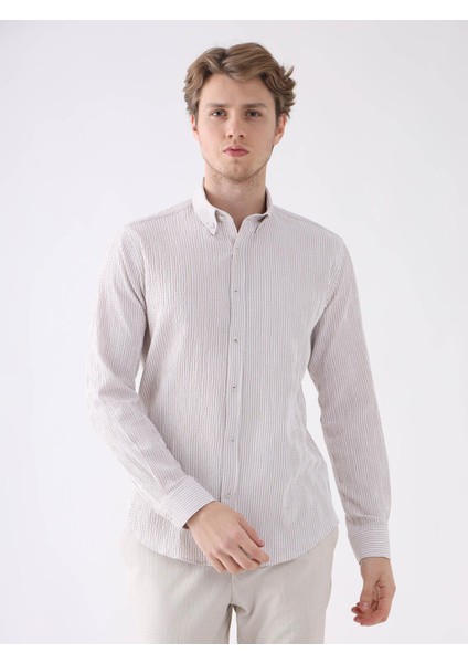 Bej Erkek Slim Fit Düğmeli Yaka Uzun Kol Gömlek