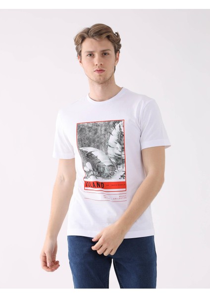 Beyaz Erkek Regular Fit Baskılı Casual O Yaka T-shirt