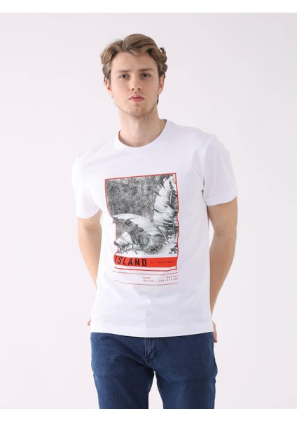 Beyaz Erkek Regular Fit Baskılı Casual O Yaka T-shirt fiyatları