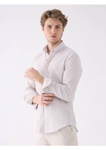 Bej Erkek Slim Fit Düğmeli Yaka Uzun Kol Gömlek modelleri