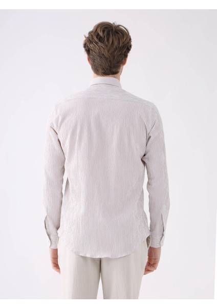 Bej Erkek Slim Fit Düğmeli Yaka Uzun Kol Gömlek indirimleri