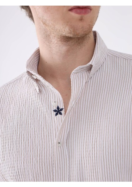 Bej Erkek Slim Fit Düğmeli Yaka Uzun Kol Gömlek