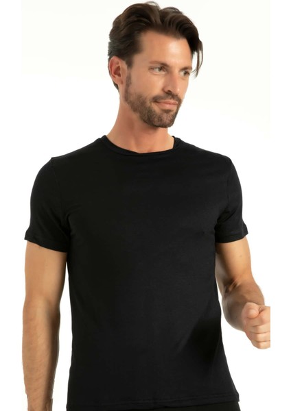 Siyah Bambu Sıfır Yaka Kısa Kol Fanila