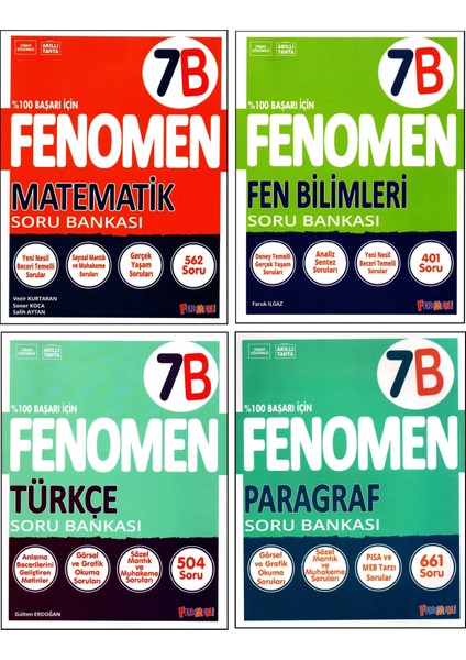 Fenomen 7. Sınıf Matematik (B)+Türkçe (B)+Fen Bilimleri (B)+Paragraf (B) Kitabı 4 Kitap