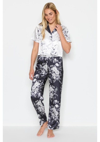 Kadın Saten Crop Gömlek Pantolon Pijama Takımı 9066 Beyaz/siyah