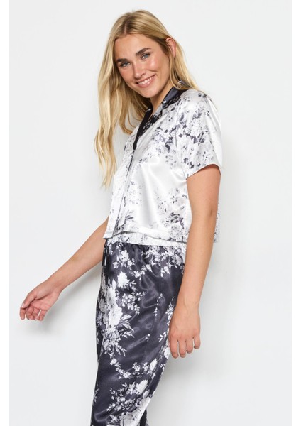 Kadın Saten Crop Gömlek Pantolon Pijama Takımı 9066 Beyaz/siyah modelleri