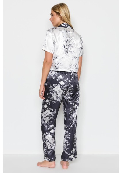 Kadın Saten Crop Gömlek Pantolon Pijama Takımı 9066 Beyaz/siyah fırsatları