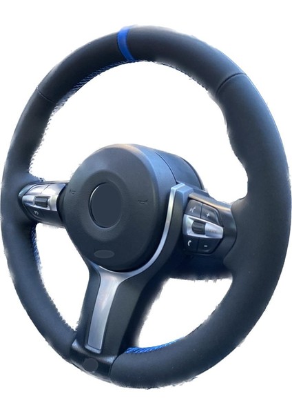 Bmw M Direksiyon Süet Mavi Şeritli Mavi Dikiş Direksiyon Kılıfı