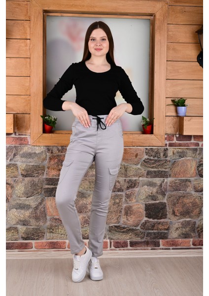 Bel ve Paça Lastikli Yanları Kargo Cep Fermuarlı Bayan PANTOLON-4444