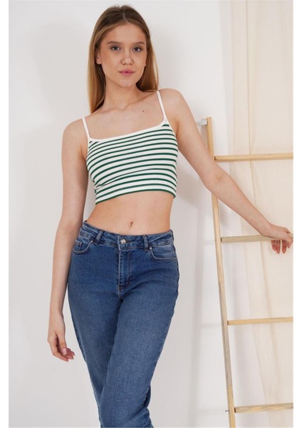 23254291 Kaşkorse Ince Askılı Çizgi Desen Crop Atlet Yesıl