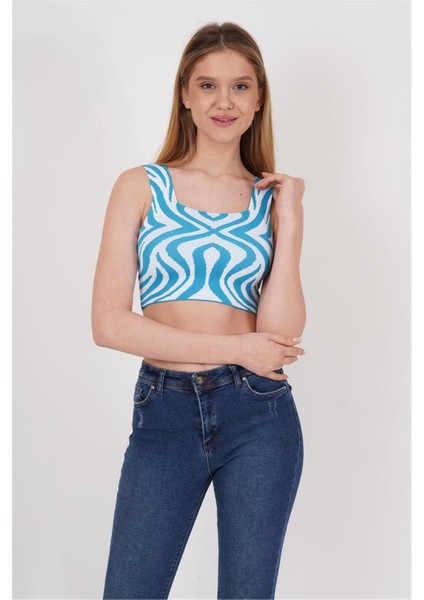 23256430 Triko Desenli Askılı Kare Yaka Atlet Mavı