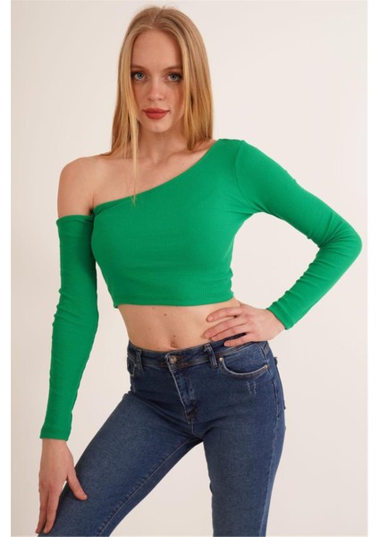 23254281 Kaşkorse Tek Omuz Dekolteli Uz.kol Bluz Yesıl