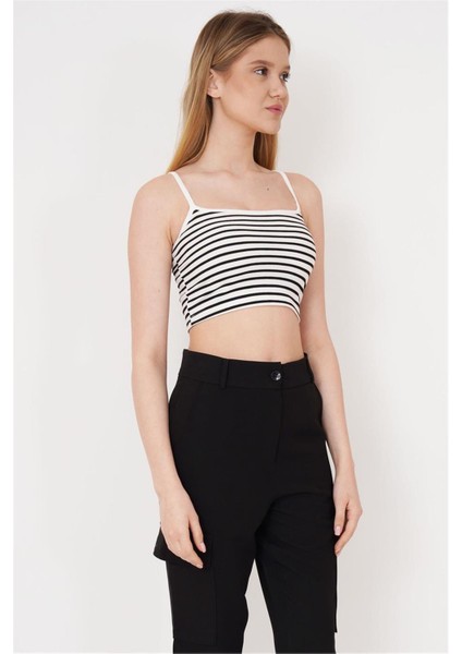 23254291 Kaşkorse Ince Askılı Çizgi Desen Crop Atlet Sıyah fiyatları