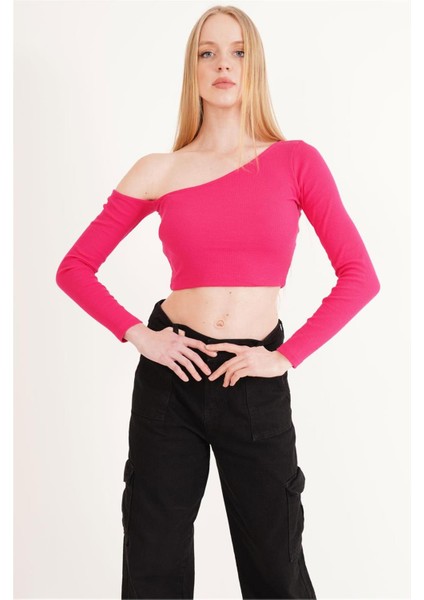 23254281 Kaşkorse Tek Omuz Dekolteli Uz.kol Bluz Fusya