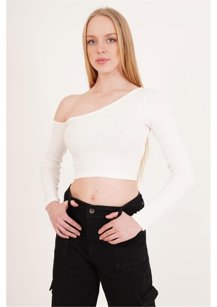 23254281 Kaşkorse Tek Omuz Dekolteli Uz.kol Bluz Beyaz