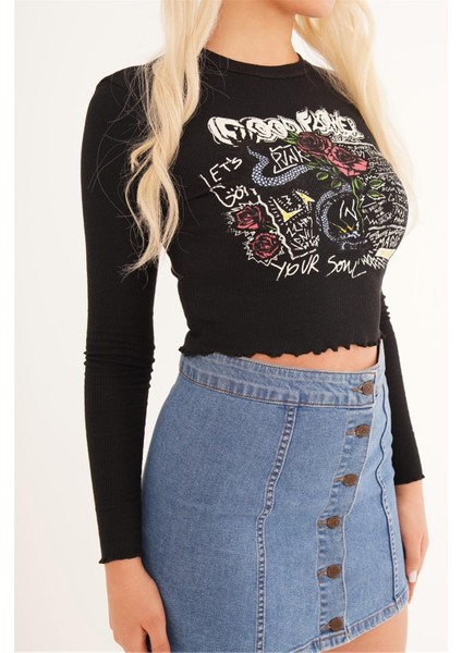 23254245 Kaşkorse Gül Baskılı Uz.kol Bluz Sıyah