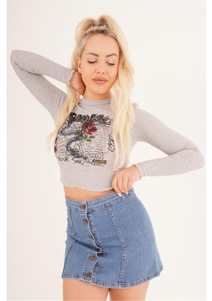 23254245 Kaşkorse Gül Baskılı Uz.kol Bluz Grı