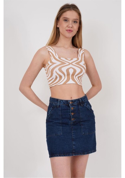 23256430 Triko Desenli Askılı Kare Yaka Atlet Bej