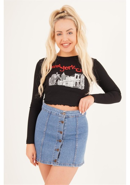 23254244 Kaşkorse Newyork City Baskılı Bluz Sıyah