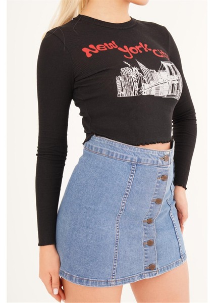 23254244 Kaşkorse Newyork City Baskılı Bluz Sıyah modelleri