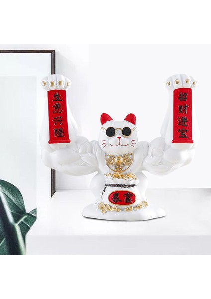 Lucky Cat Figurine Hayvan Heykel Heykeli Oturma Odası Raf Masaüstü Beyaz (Yurt Dışından)