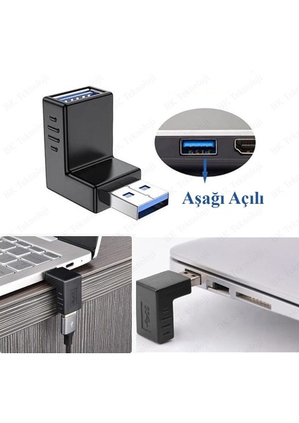 USB 3.0 Aşağı Açılı Konnektör Erkek Dişi 90 Derece Uzatma Adaptörü