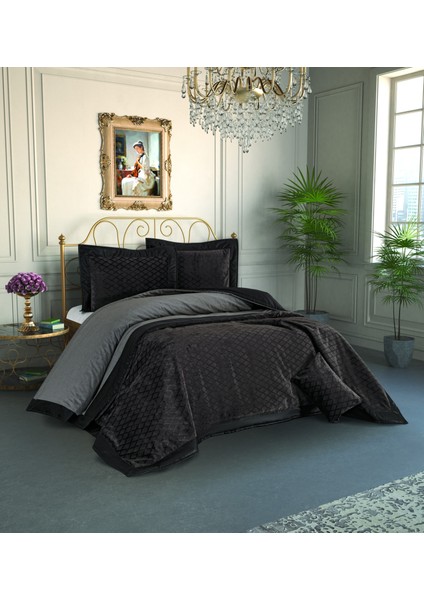 Siyah Inci Akrilik ve Pamuk Kadife Çift Kişilik Yatak Örtüsü (270X260)