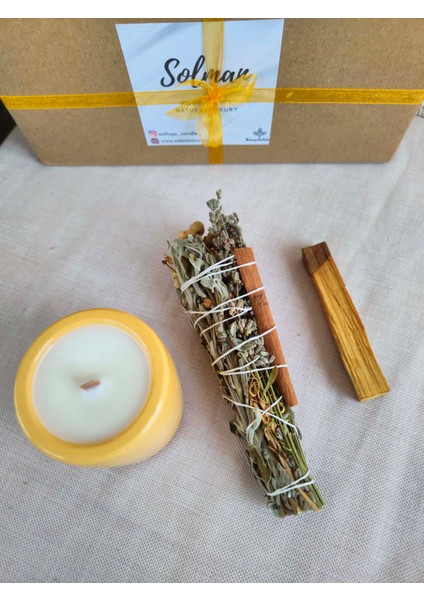 Sandal Ağacı & Ylang Ylang Kokulu Soya Mum Palo Santo Ağaç Tütsü Adaçayı Lavanta Üzerlik Tütsüsü Set