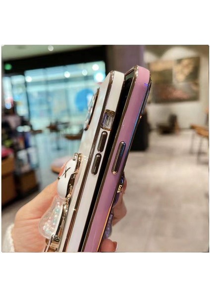 Iphone 14 Glossy Yumuşak Ayıcıklı Boncuklu Stantlı Kapak