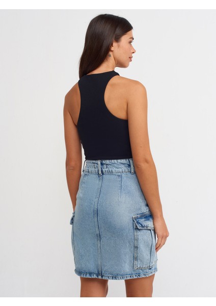80548 Yanları Cepli Midi Denim Etek-Mavi fiyatları