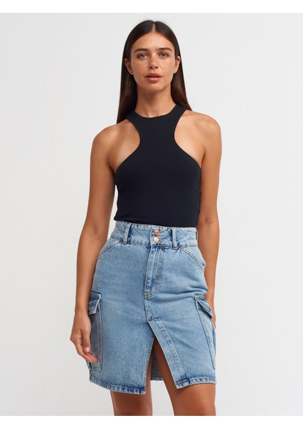 80548 Yanları Cepli Midi Denim Etek-Mavi modelleri
