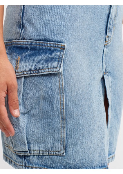 80548 Yanları Cepli Midi Denim Etek-Mavi fırsatları
