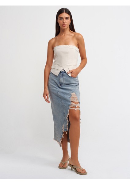 80541 Önü Büyük Lazerli Uzun Denim Etek-Tint