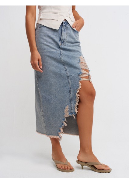 80541 Önü Büyük Lazerli Uzun Denim Etek-Tint modelleri