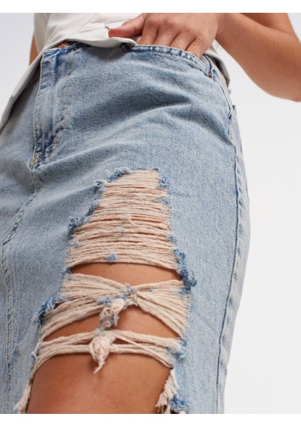80541 Önü Büyük Lazerli Uzun Denim Etek-Tint fırsatları