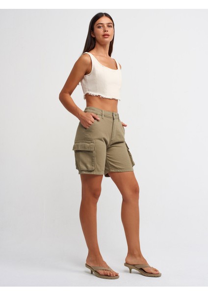 70889 Yanları Cepli Pamuklu Denim Şort-Haki