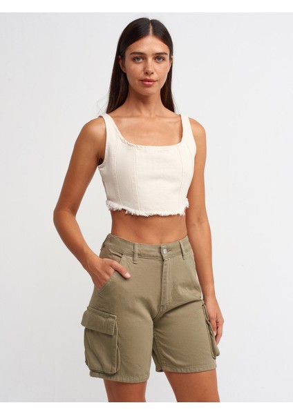 70889 Yanları Cepli Pamuklu Denim Şort-Haki modelleri