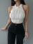 Kadın Ekru Zincir ve Taş Detaylı Omzu Açık Halter Yaka Triko Top Crop Bluz 5