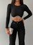 Kadın Siyah Beli Zincir ve Taş Detaylı Crop Bluz Kaşkorse Kumaş 1