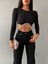 Kadın Siyah Beli Zincir ve Taş Detaylı Crop Bluz Kaşkorse Kumaş 2