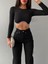 Kadın Siyah Beli Zincir ve Taş Detaylı Crop Bluz Kaşkorse Kumaş 3