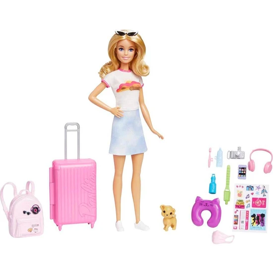 Barbie Seyahatte Bebeği ve Aksesuarları FWV25 - Tişört Etekli