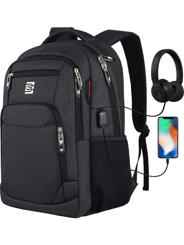 Qisem USB Şarj Portlu Dizüstü Bilgisayar Sırt Çantaları Siyah 18 Inç (Yurt Dışından)