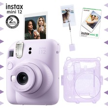 Fujifilm Instax Mini 12 Lila Fotoğraf Makinesi - 10'lu Film - Kıskaçlı Resim Standı ve Simli Pleksi Kılıf Seti