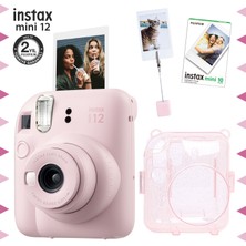 Fujifilm Instax Mini 12 Pembe Fotoğraf Makinesi - 10'lu Film - Kıskaçlı Resim Standı ve Simli Pleksi Kılıf Seti