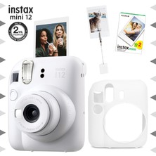 Fujifilm Instax Mini 12 Beyaz Fotoğraf Makinesi - 20'li Film - Kıskaçlı Resim Standı ve Silikon Kılıf Seti