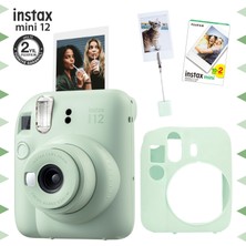 Fujifilm Instax Mini 12 Yeşil Fotoğraf Makinesi - 20'li Film - Kıskaçlı Resim Standı ve Silikon Kılıf Seti