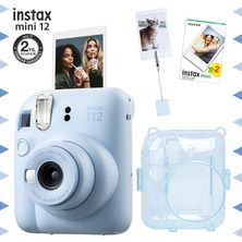Fujifilm Instax Mini 12 Mavi Fotoğraf Makinesi 20'li Film Kıskaçlı Resim Standı ve Simli Pleksi Kılıf Seti