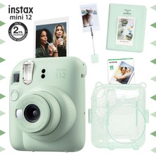 Fujifilm Instax Mini 12 Yeşil Fotoğraf Makinesi - 10'lu Film - Kıskaçlı Stand - Pvc Albüm ve Simli Pleksi Kılıf Seti